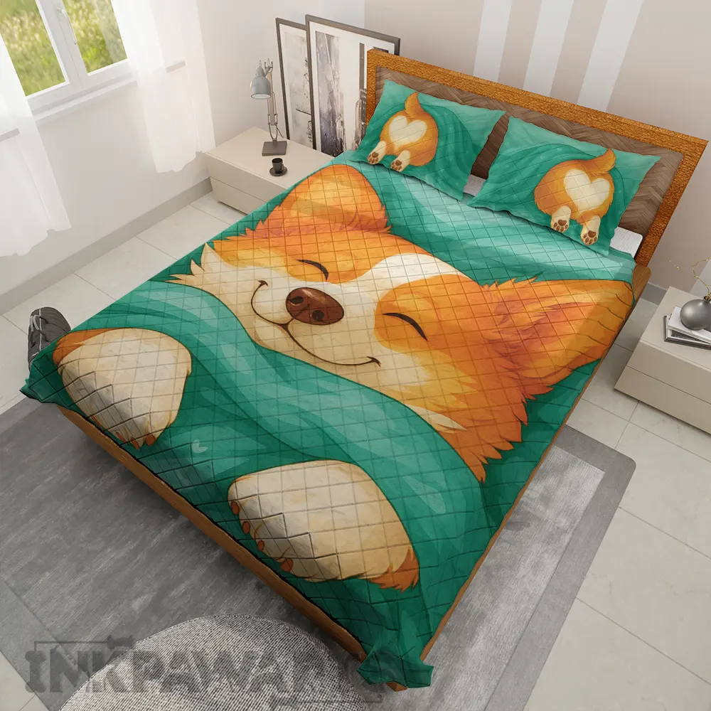 Corgi Bedding Set Cozy Sleeping Dog Quilt & Pillowcase Set