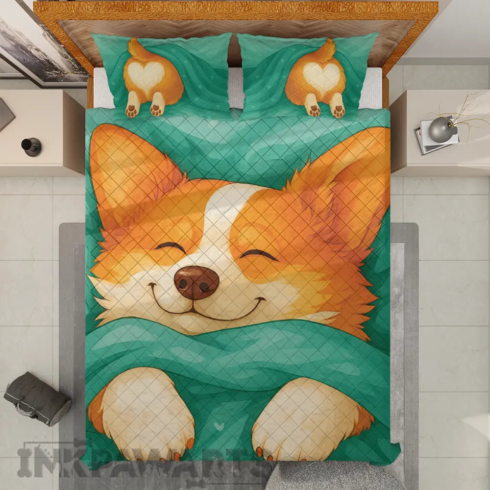 Corgi Bedding Set Cozy Sleeping Dog Quilt & Pillowcase Set