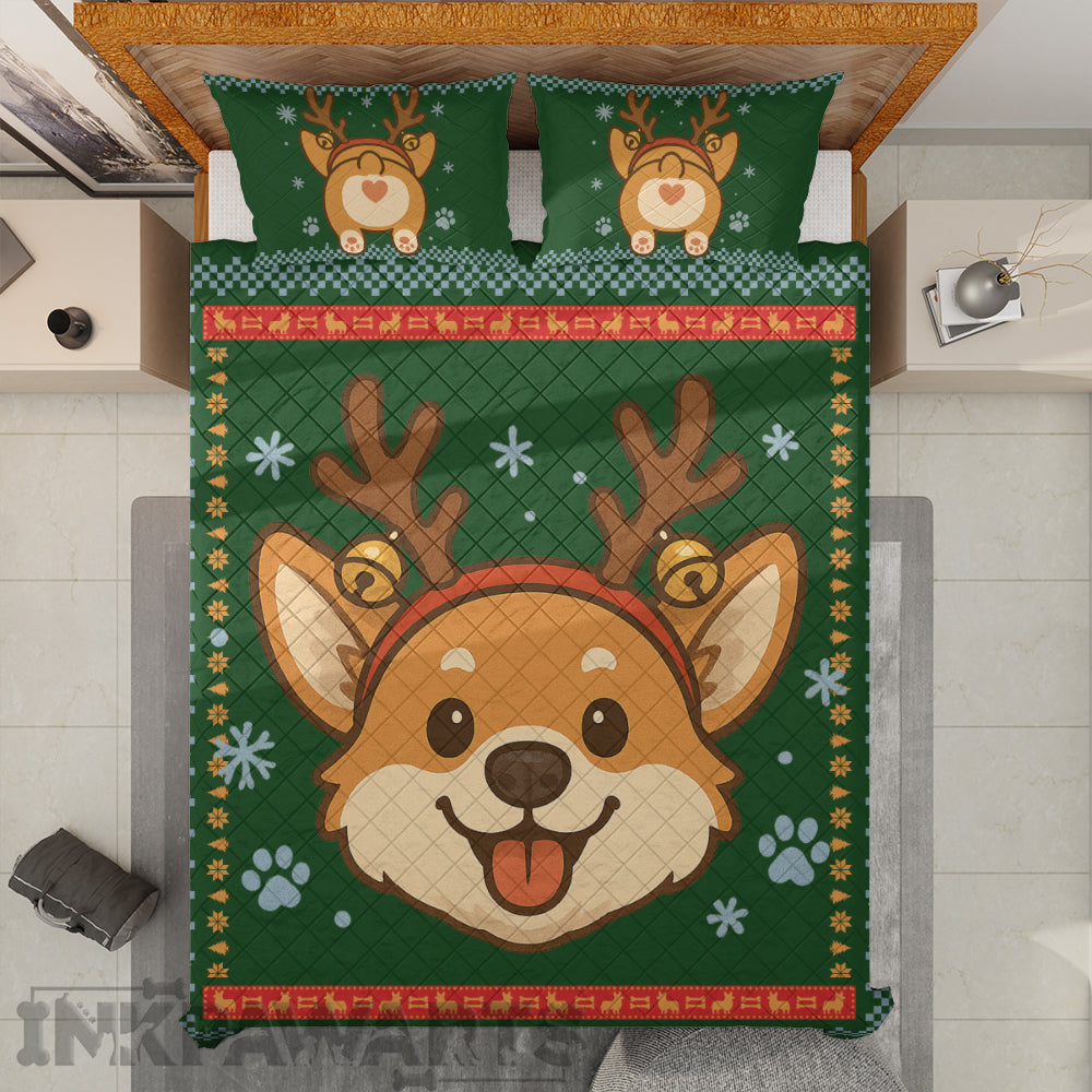 Corgi Bedding Set Cute Reindeer Dog Christmas Quilt