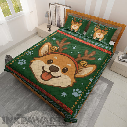 Corgi Bedding Set Cute Reindeer Dog Christmas Quilt