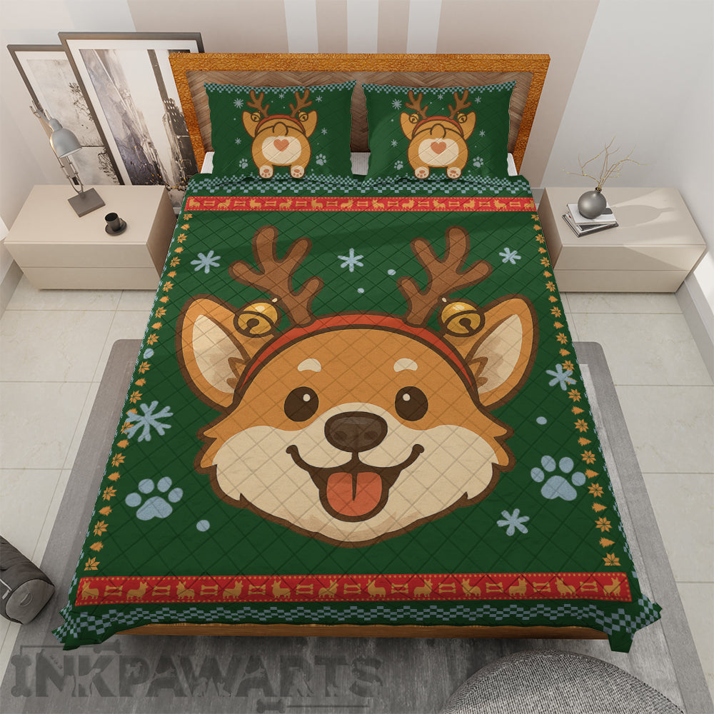 Corgi Bedding Set Cute Reindeer Dog Christmas Quilt