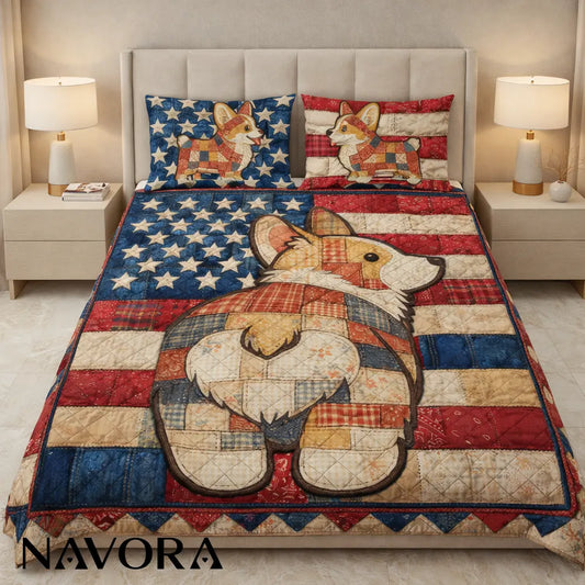 Corgi Bedding Sets – Patriotic 4th July Independence Day Quilt for Dog Lovers