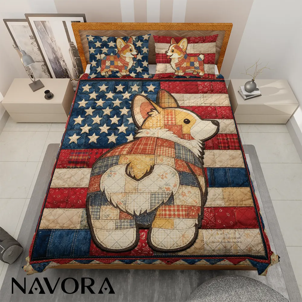 Corgi Bedding Sets – Patriotic 4th July Independence Day Quilt for Dog Lovers