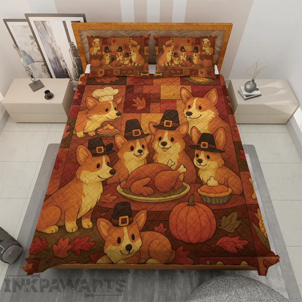 Corgi Bedding Sets – Thanksgiving Dog Quilt & Pillowcase Set