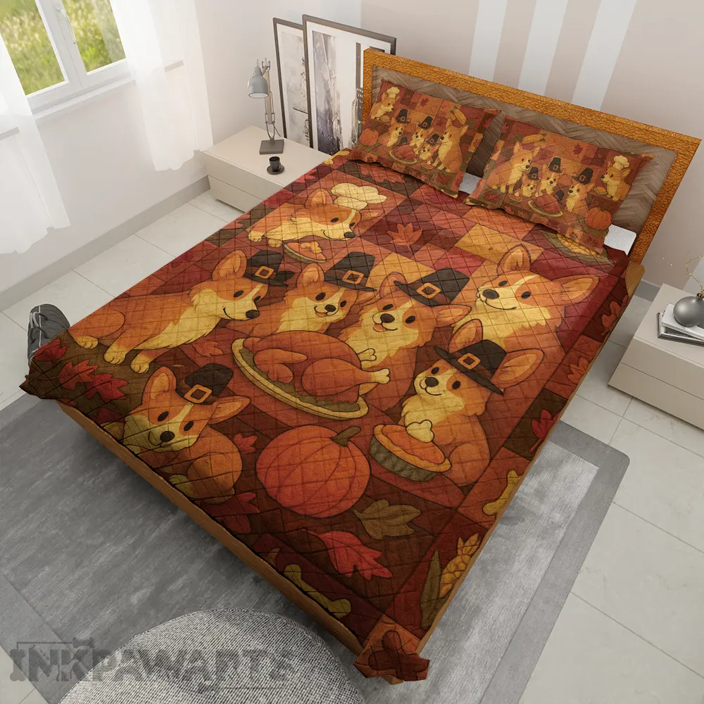 Corgi Bedding Sets – Thanksgiving Dog Quilt & Pillowcase Set