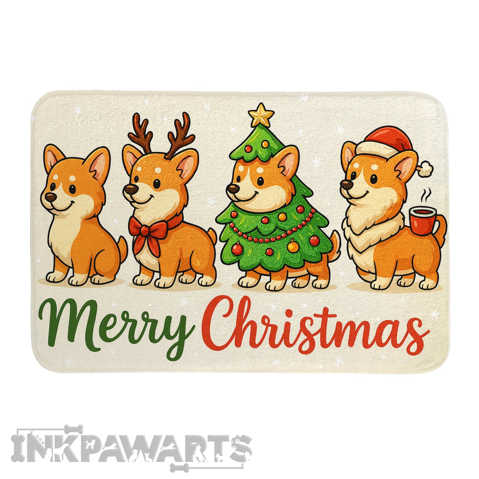 Cartoon dogs in Christmas-themed outfits with 'Merry Christmas' text on a white background, featuring the brand 'Inkpawarts'.