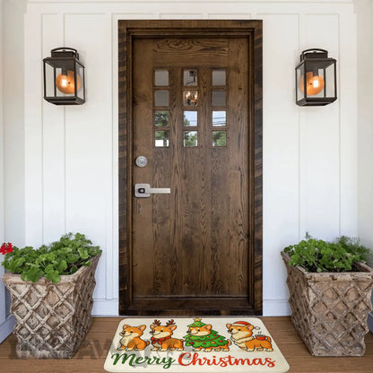 Front door with decorative Christmas rug featuring cartoon characters and 'Merry Christmas' text.