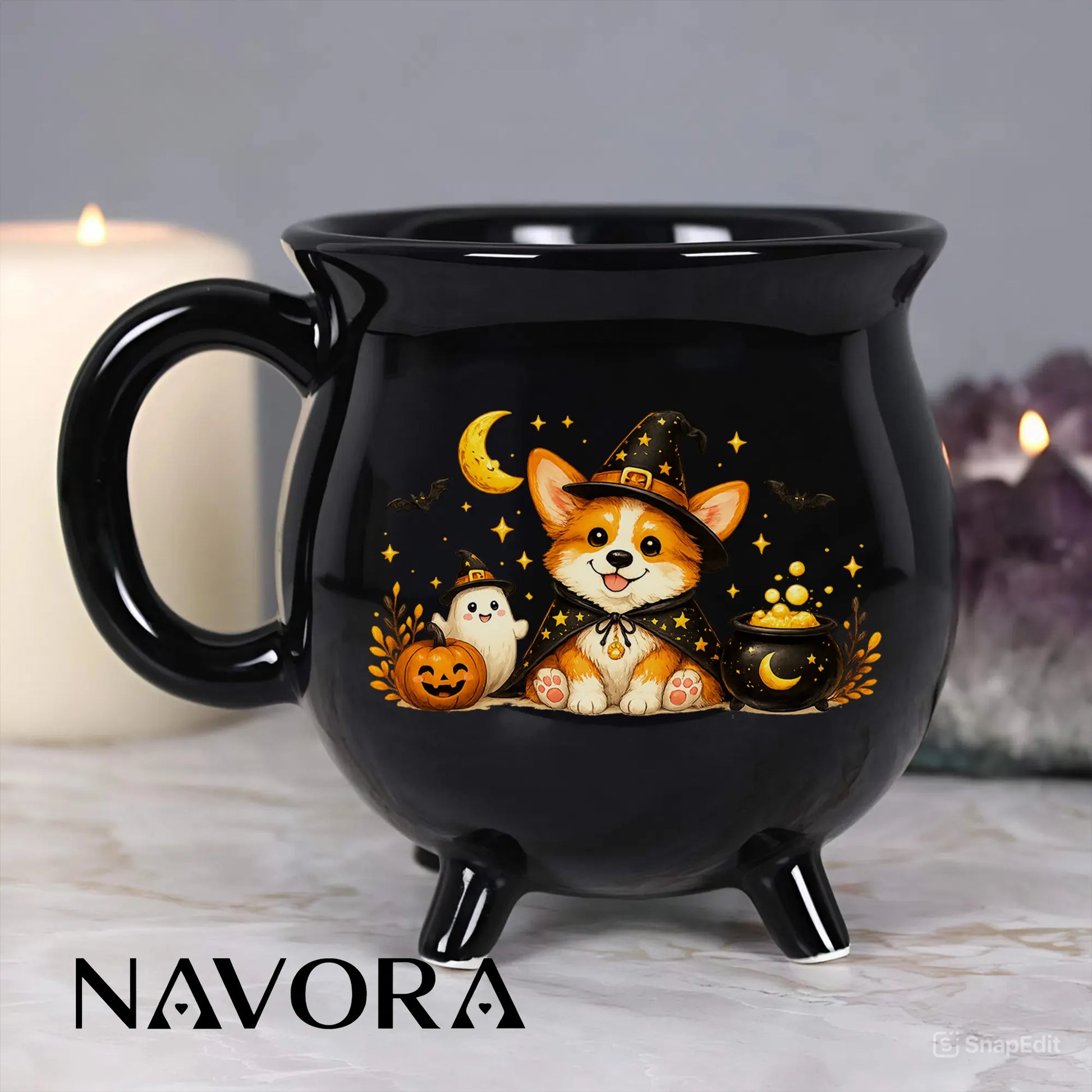 Corgi Halloween Cauldron Mug with cute witch dog pumpkin and ghost design