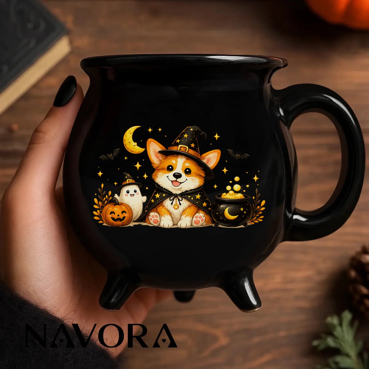 Corgi Halloween Cauldron Mug with cute witch dog pumpkin and ghost design