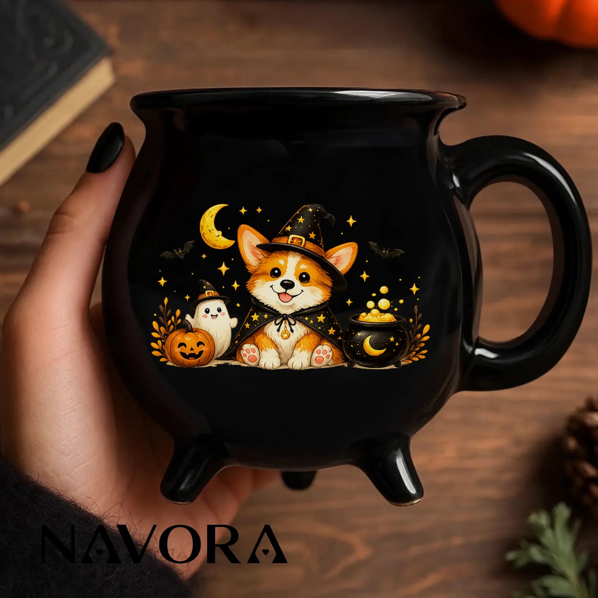 Corgi Halloween Cauldron Mug with cute witch dog pumpkin and ghost design