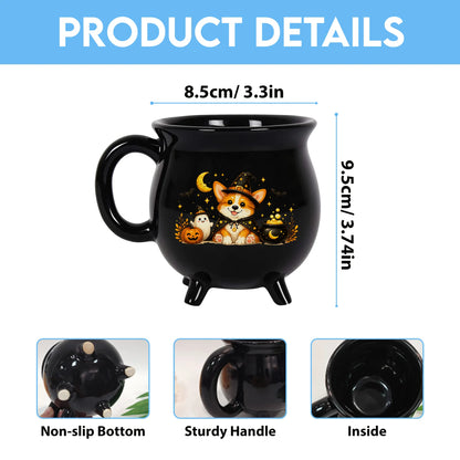 Corgi Halloween Cauldron Mug with cute witch dog pumpkin and ghost design