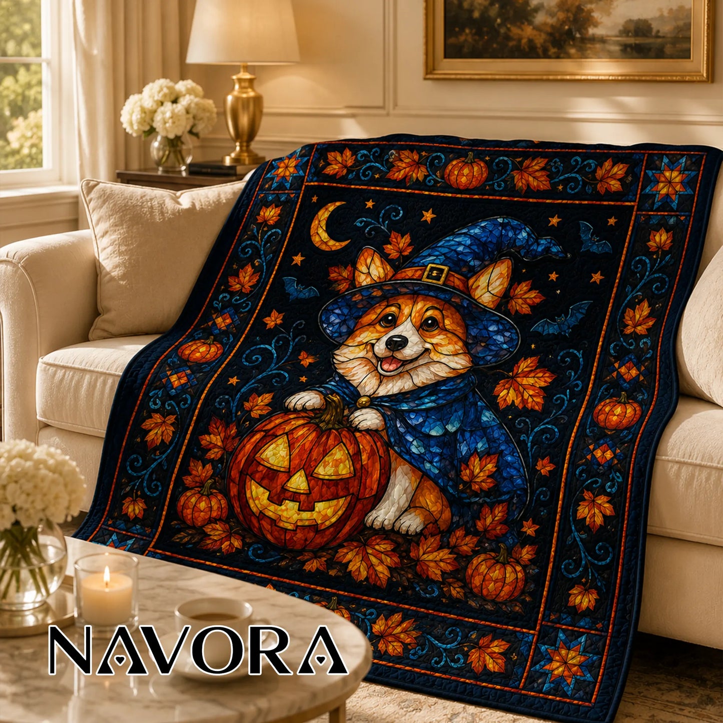 Corgi Halloween Quilt – Witch Corgi Fall Dog Blanket