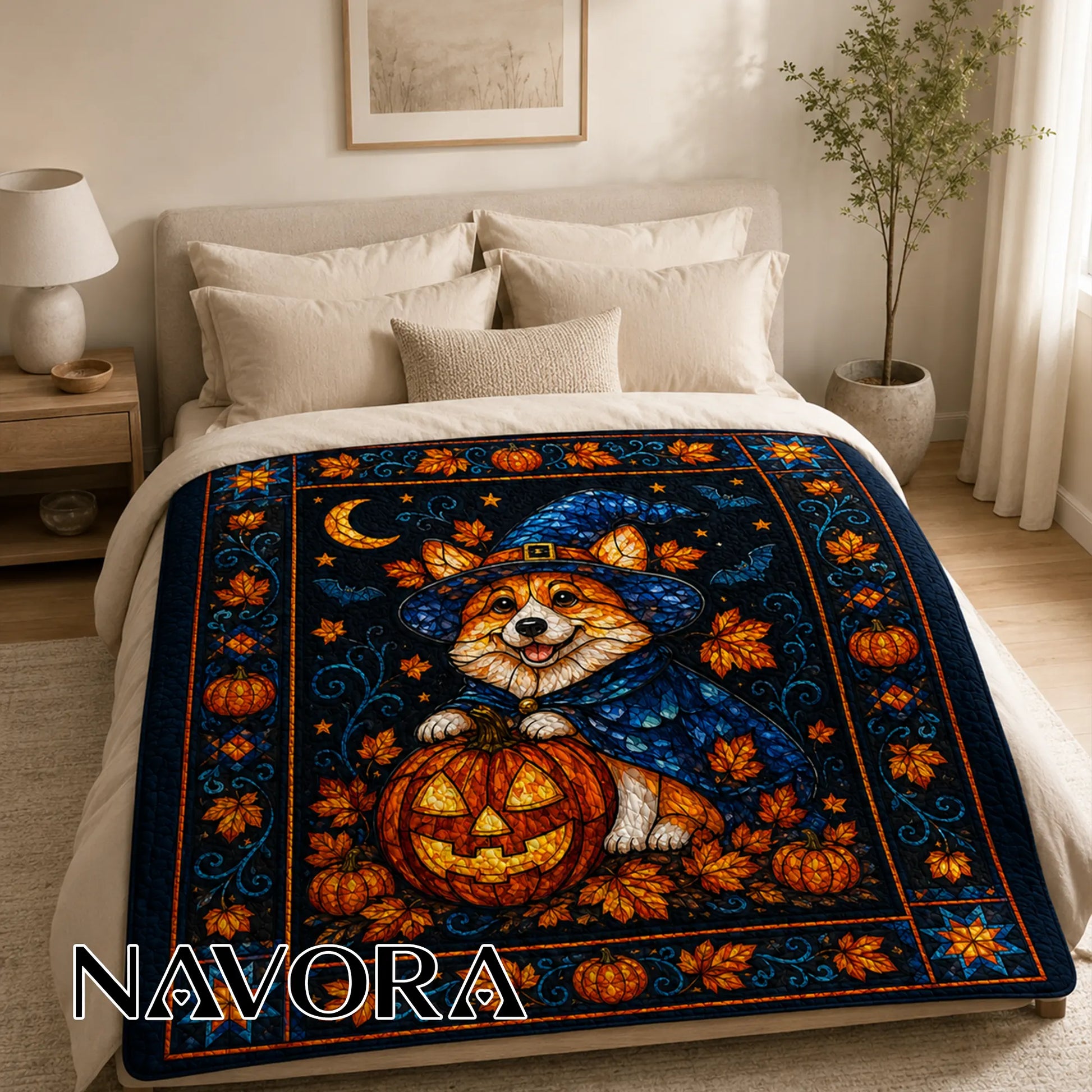 Corgi Halloween Quilt – Witch Corgi Fall Dog Blanket