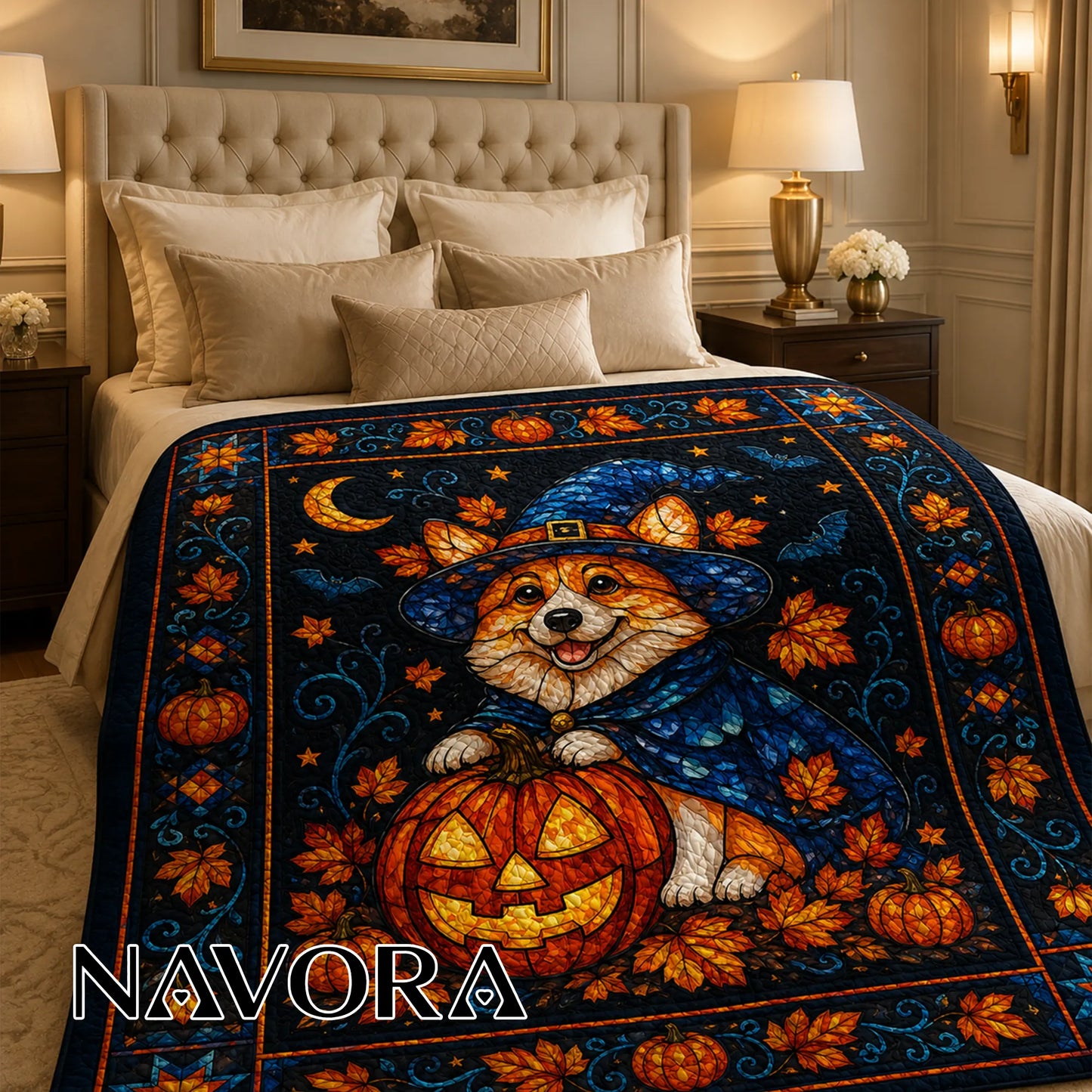 Corgi Halloween Quilt – Witch Corgi Fall Dog Blanket