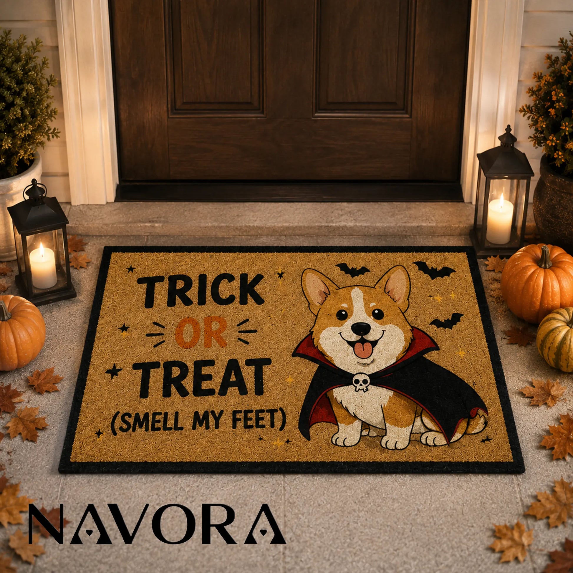 Corgi Halloween light-weight coir doormat with vampire dog and Trick or Treat design