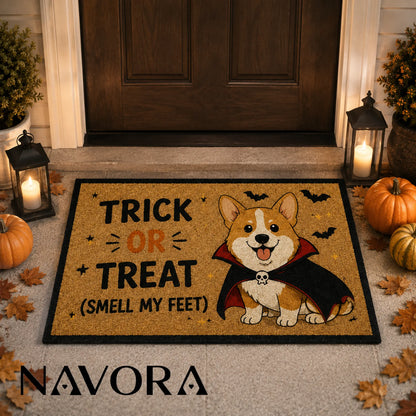 Corgi Halloween light-weight coir doormat with vampire dog and Trick or Treat design