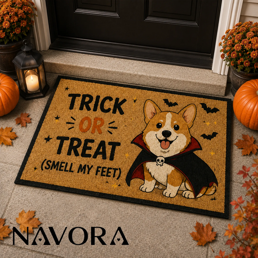 Corgi Halloween light-weight coir doormat with vampire dog and Trick or Treat design