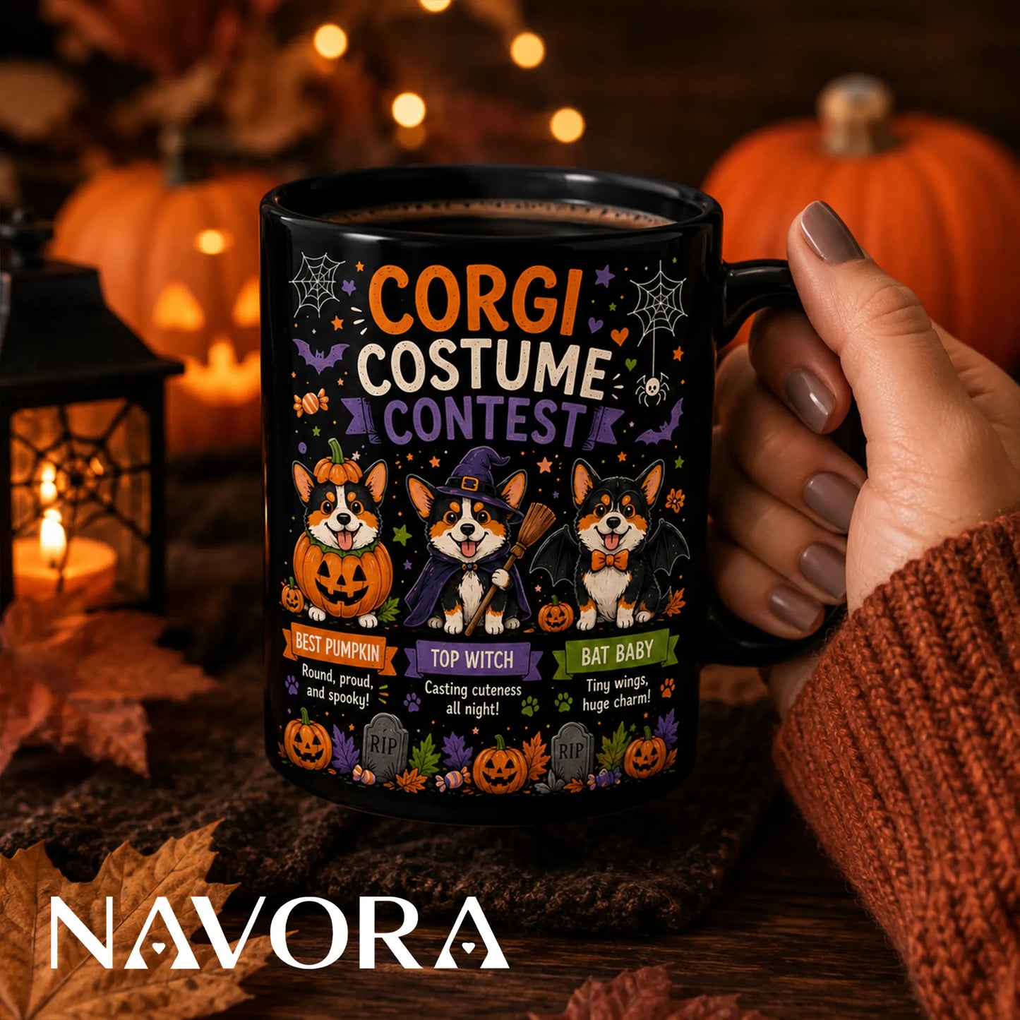 Corgi Halloween mug with pumpkin witch and bat costume contest design