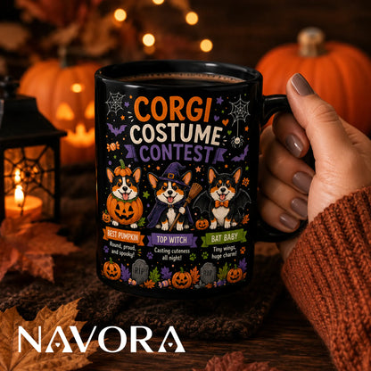 Corgi Halloween mug with pumpkin witch and bat costume contest design