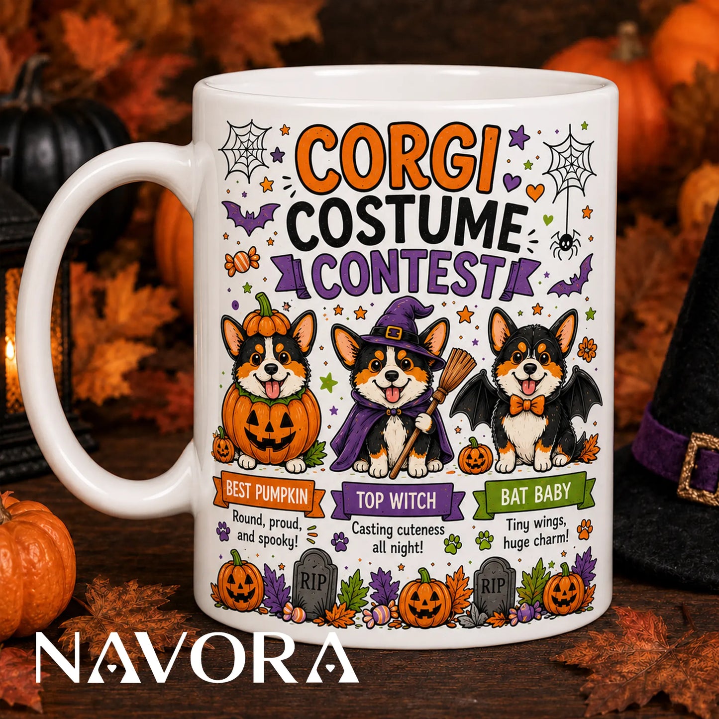 Corgi Halloween mug with pumpkin witch and bat costume contest design