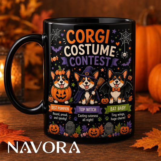 Corgi Halloween mug with pumpkin witch and bat costume contest design