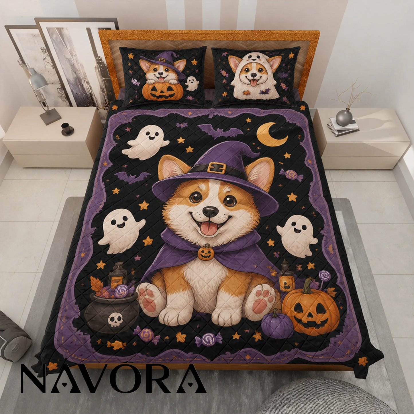 Corgi Halloween quilt bedding set with cute ghosts and pumpkins