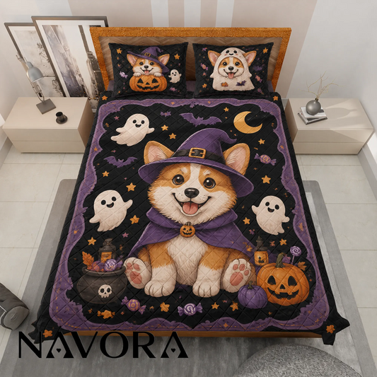 Corgi Halloween quilt bedding set with cute ghosts and pumpkins