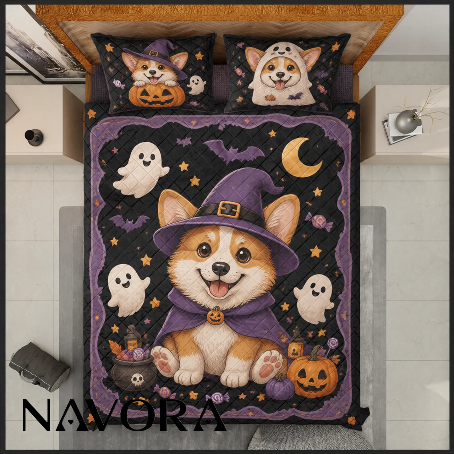 Corgi Halloween quilt bedding set with cute ghosts and pumpkins