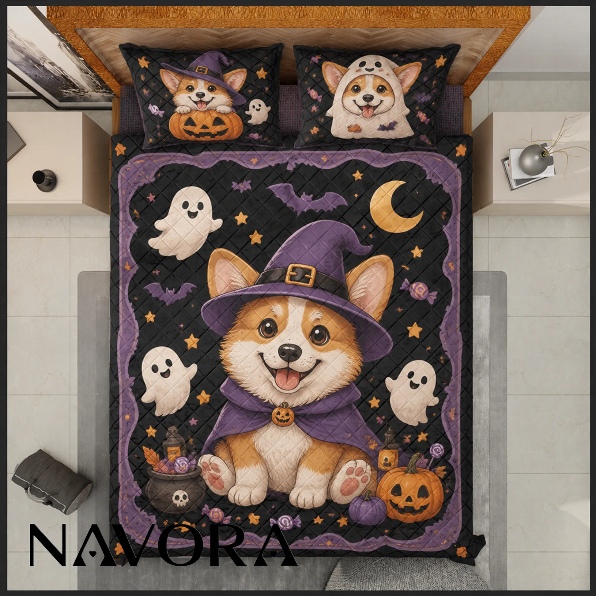 Corgi Halloween quilt bedding set with cute ghosts and pumpkins