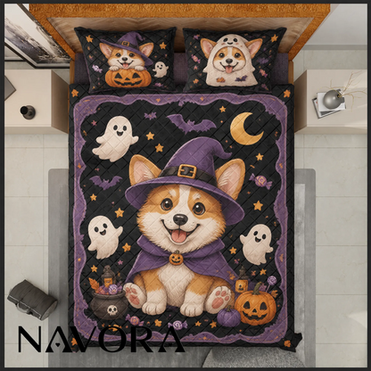 Corgi Halloween quilt bedding set with cute ghosts and pumpkins