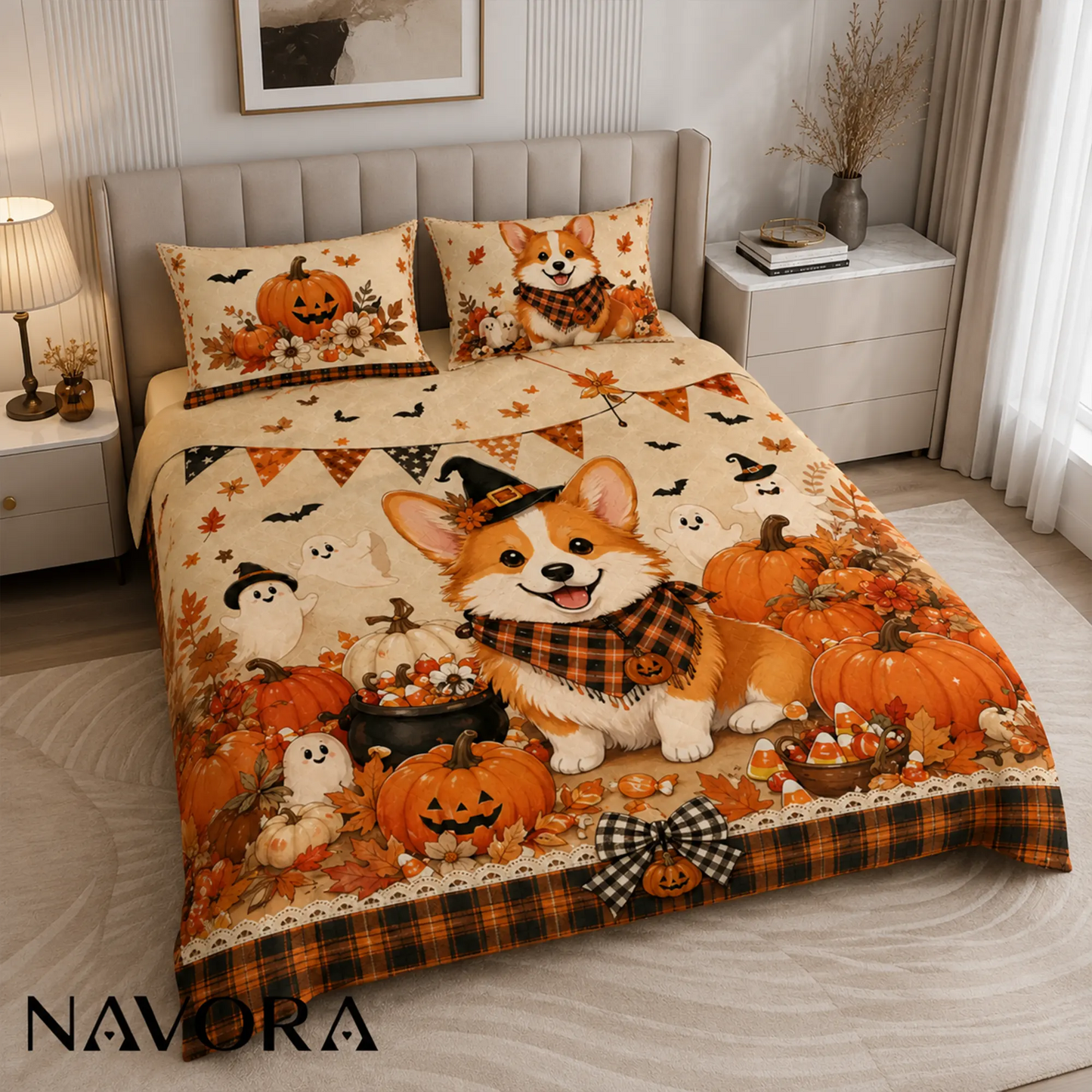Corgi Halloween quilt bedding set with pumpkins and friendly ghosts