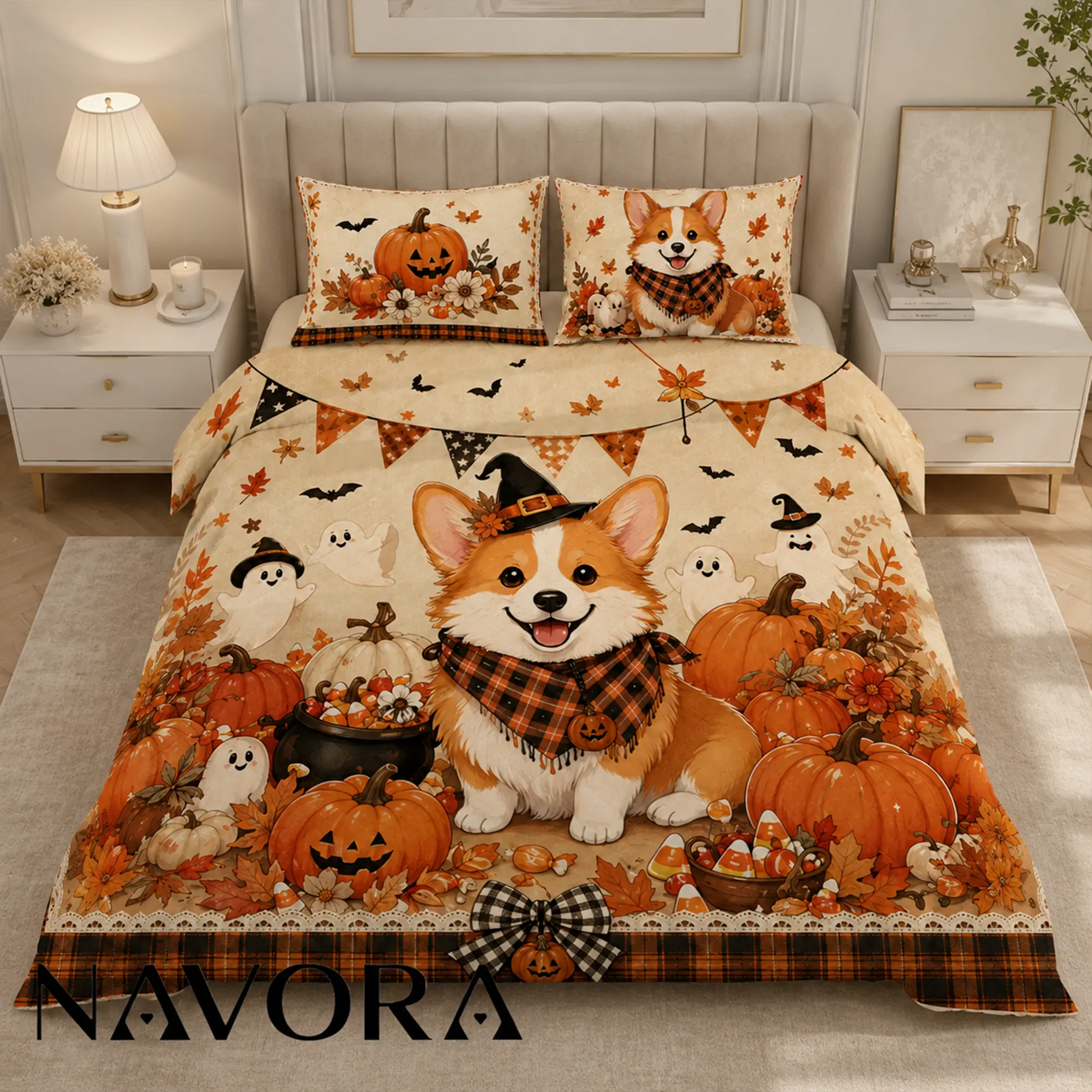 Corgi Halloween quilt bedding set with pumpkins and friendly ghosts