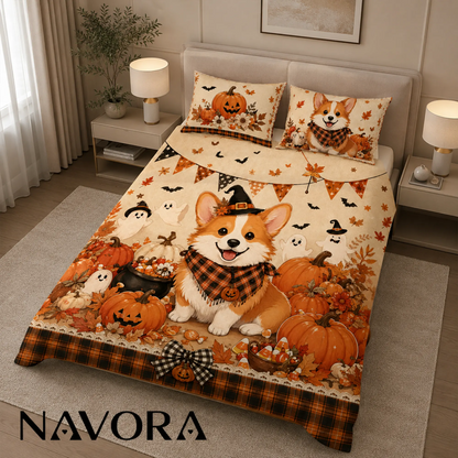 Corgi Halloween quilt bedding set with pumpkins and friendly ghosts