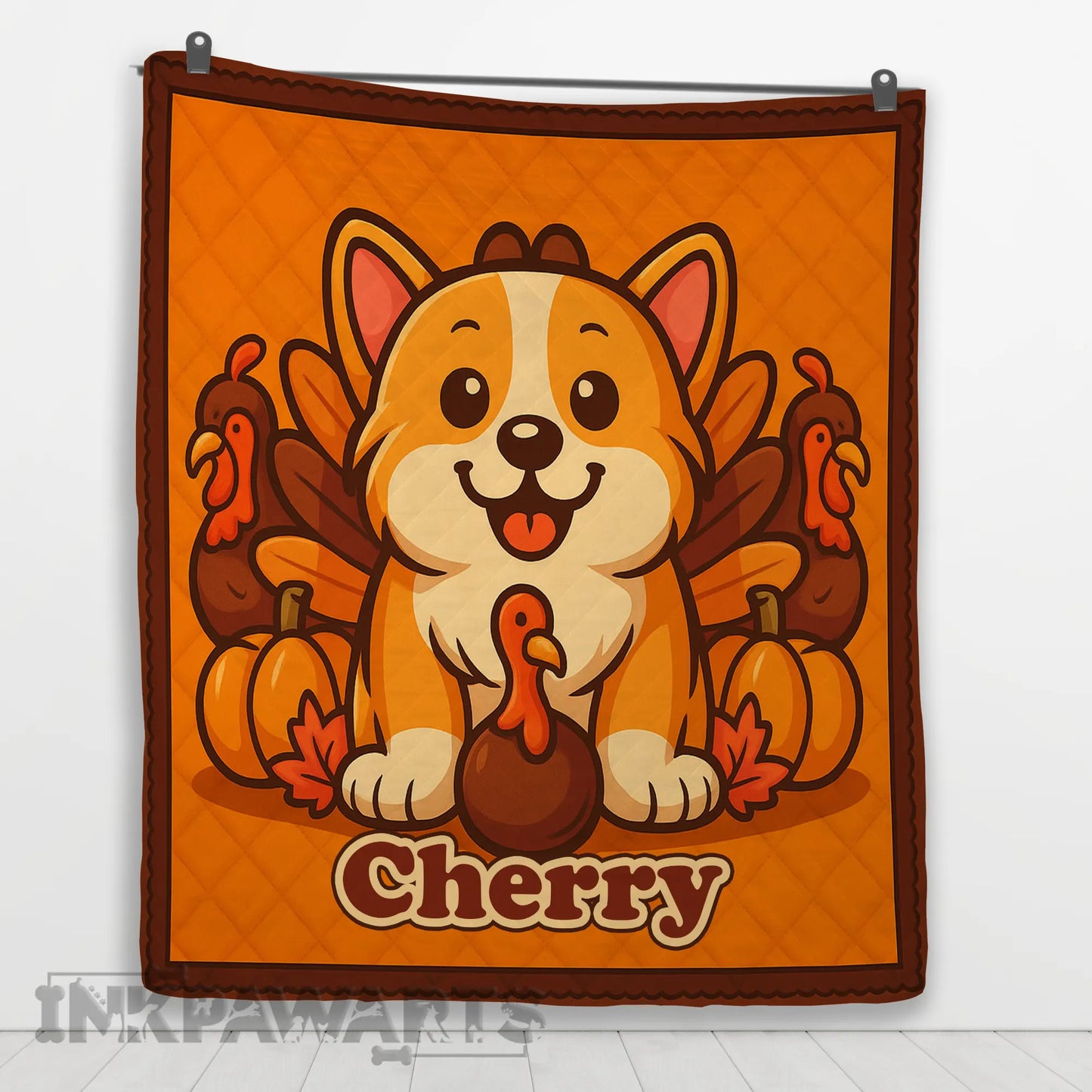 Personalized Corgi Quilt with Thanksgiving theme – cartoon dog, turkeys, pumpkins, and custom name