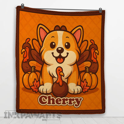 Personalized Corgi Quilt with Thanksgiving theme – cartoon dog, turkeys, pumpkins, and custom name