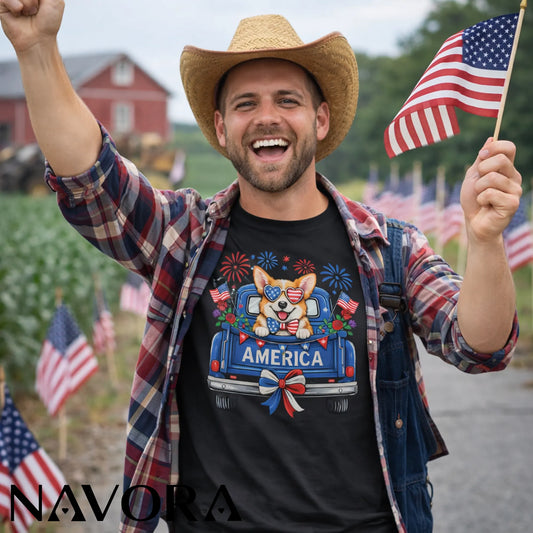 Corgi T-Shirt – Patriotic America Truck 4th of July Independence Day Shirt