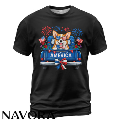 Corgi T-Shirt – Patriotic America Truck 4th of July Independence Day Shirt