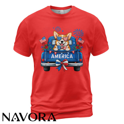 Corgi T-Shirt – Patriotic America Truck 4th of July Independence Day Shirt