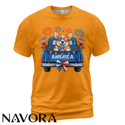 Corgi T-Shirt – Patriotic America Truck 4th of July Independence Day Shirt