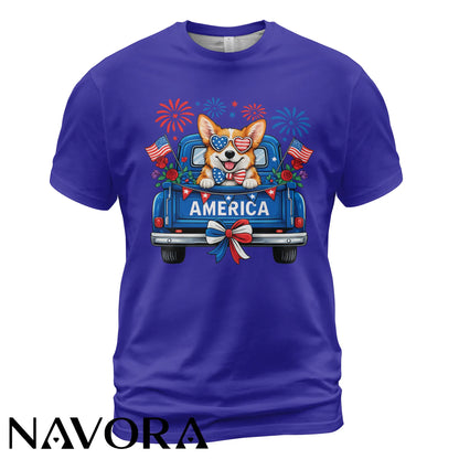 Corgi T-Shirt – Patriotic America Truck 4th of July Independence Day Shirt
