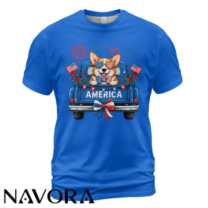 Corgi T-Shirt – Patriotic America Truck 4th of July Independence Day Shirt