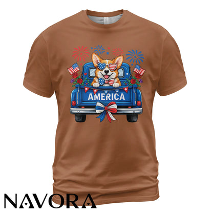 Corgi T-Shirt – Patriotic America Truck 4th of July Independence Day Shirt