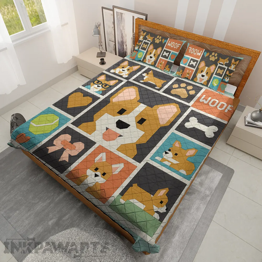 Corgi Bedding Sets – Modern Patchwork Dog Quilt & Pillow Set