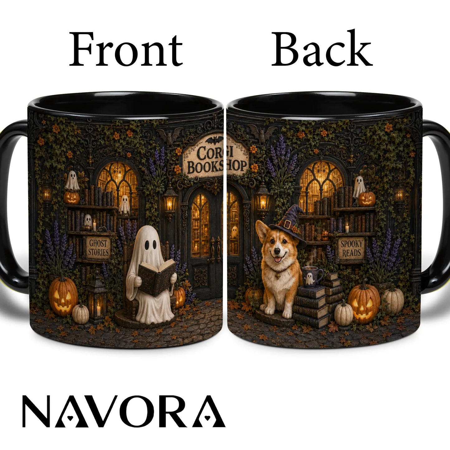 Corgi Bookshop Halloween mug with reading ghost, witch Corgi, glowing library, pumpkins and black handle