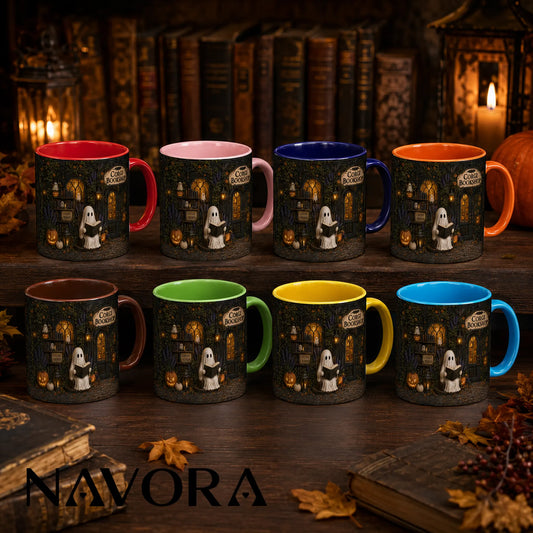 Corgi Bookshop Halloween mug with reading ghost, witch Corgi, glowing library, pumpkins and black handle