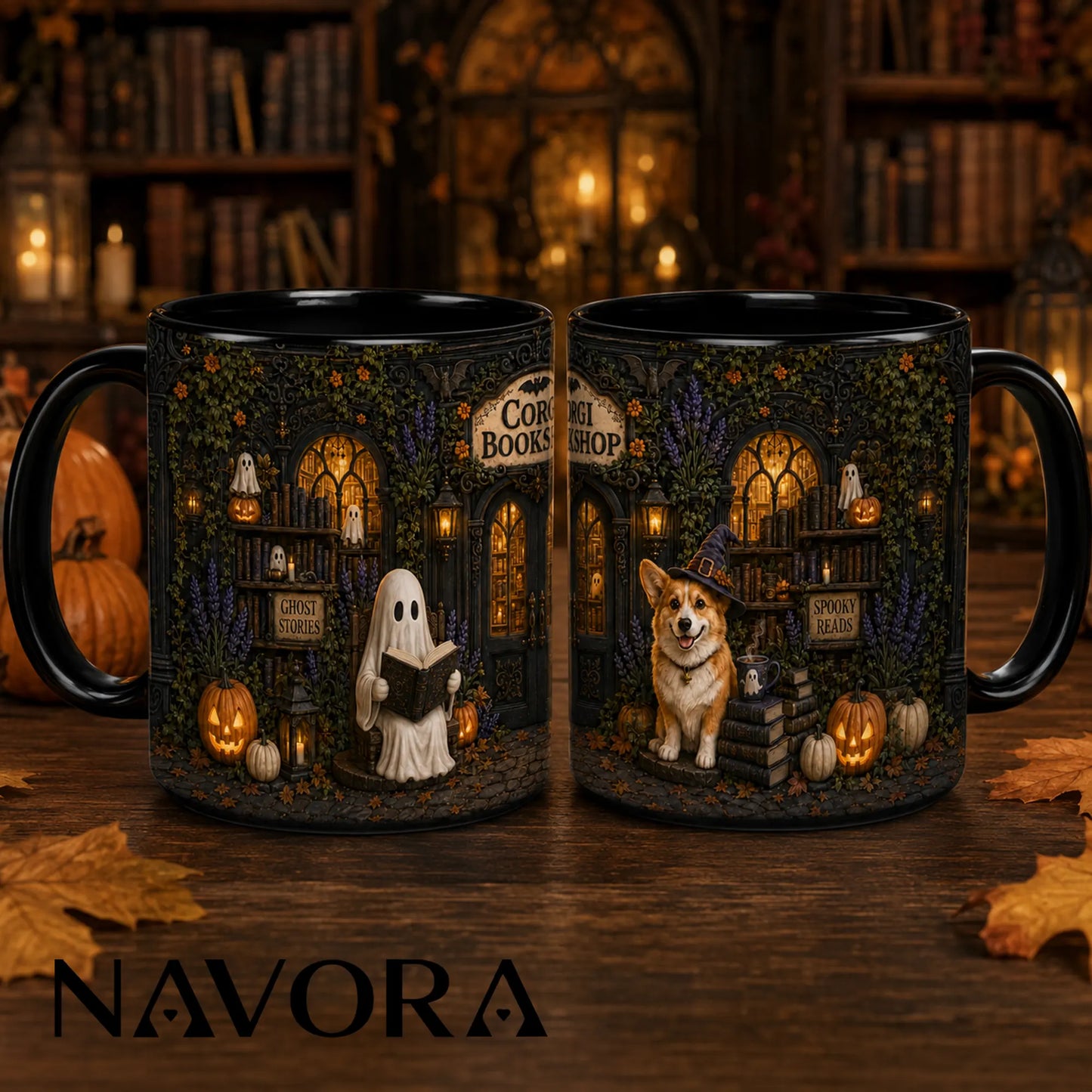 Corgi Bookshop Halloween mug with reading ghost, witch Corgi, glowing library, pumpkins and black handle