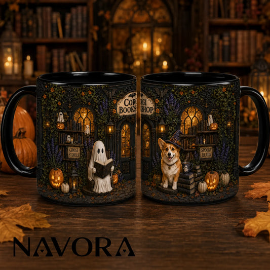 Corgi Bookshop Halloween mug with reading ghost, witch Corgi, glowing library, pumpkins and black handle