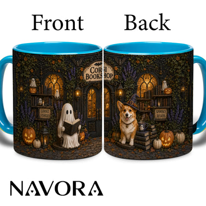 Corgi Bookshop Halloween mug with reading ghost, witch Corgi, glowing library, pumpkins and black handle