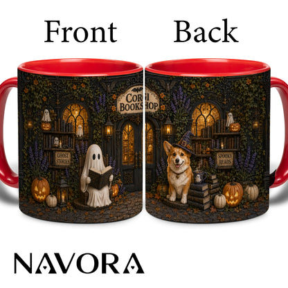 Corgi Bookshop Halloween mug with reading ghost, witch Corgi, glowing library, pumpkins and black handle