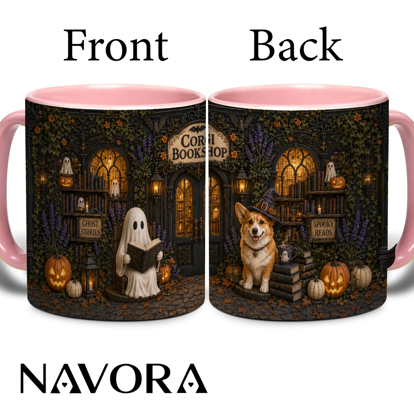 Corgi Bookshop Halloween mug with reading ghost, witch Corgi, glowing library, pumpkins and black handle